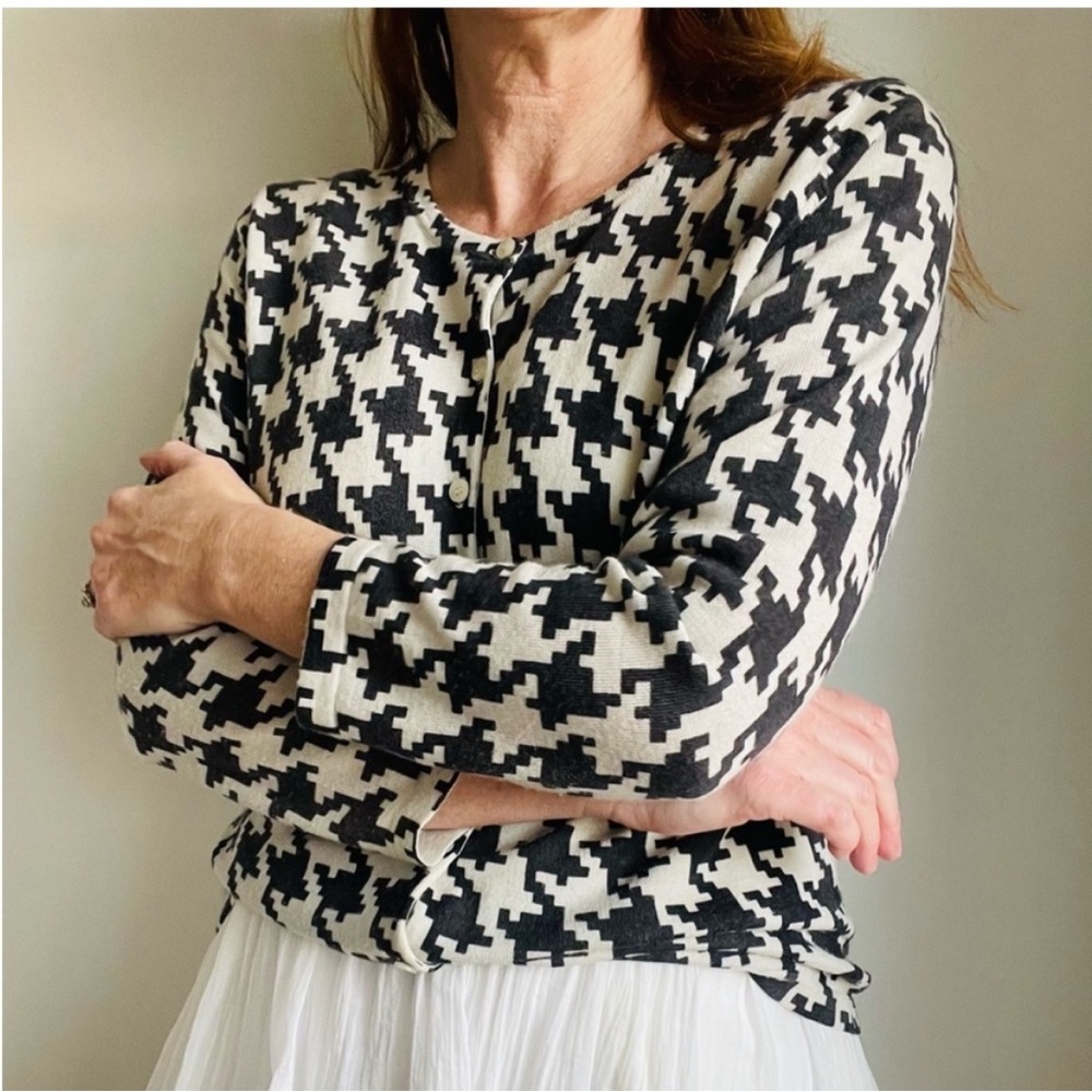 Garnet Hill eco merino cardigan in houndstooth